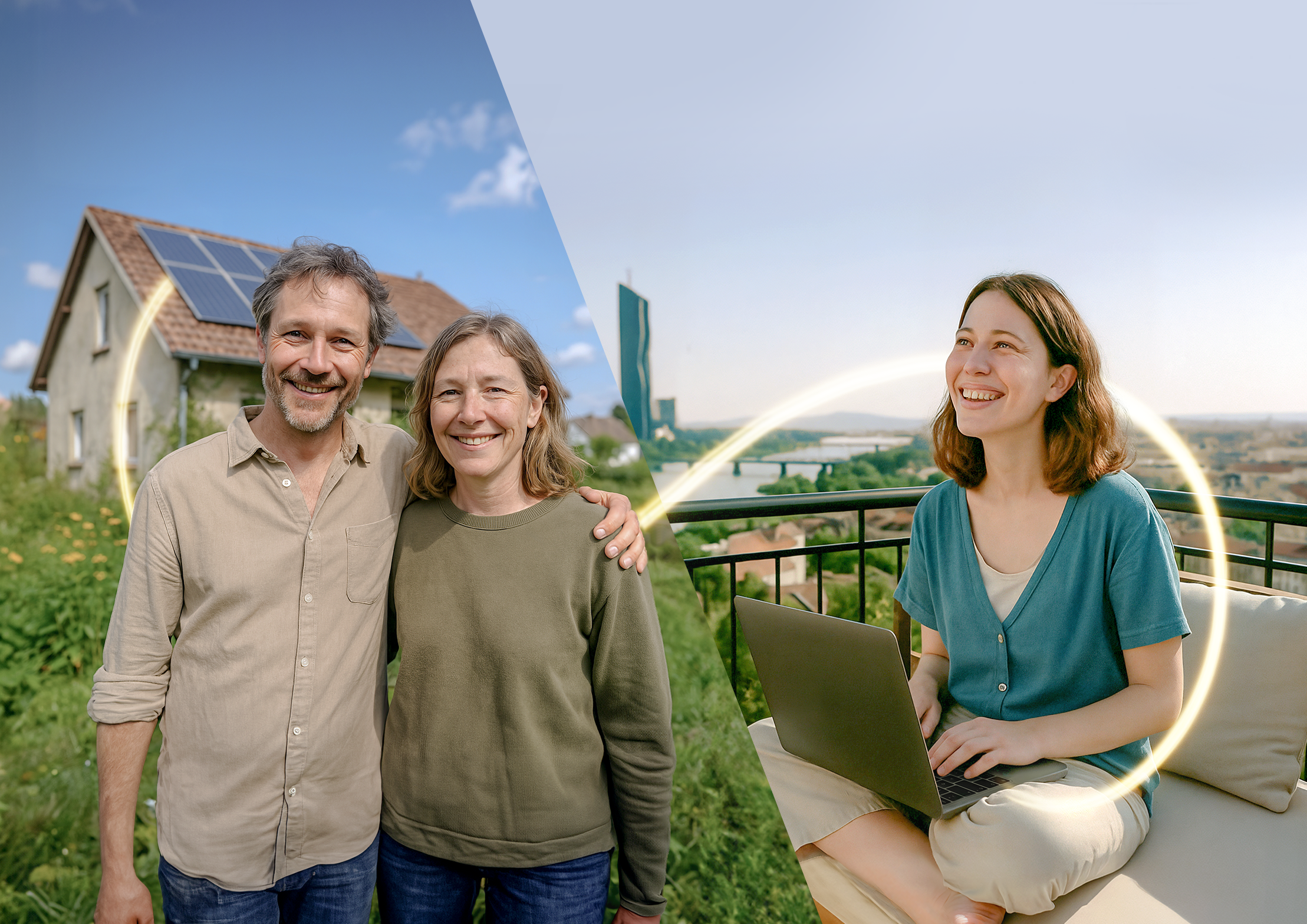 Ein Bild von einer Familie vor ihrem Haus und eine lächende Person mit einem Laptop